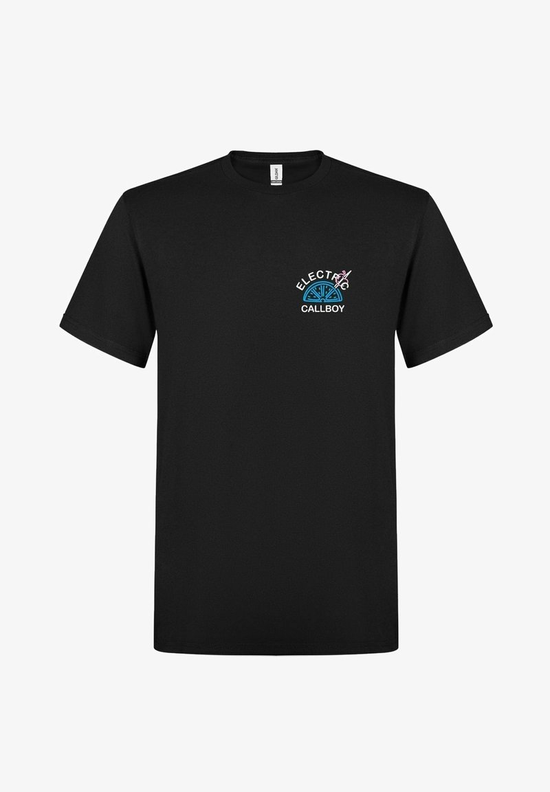 Schwarzes Baumwoll-T-Shirt mit einem Frontdesign, das die Worte "ELECTRIC CALLBOY" in leuchtenden Farben und einem grafischen Element über dem Text zeigt.