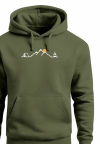 Olive green hoodie with a white line drawing of mountains, a tent, a setting sun, and a campfire on the chest.