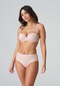 Light pink lingerie set with checkered pattern. Bra features padded cups, adjustable straps, and floral accents. High-waisted panties match.