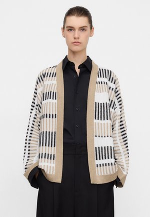 Jonge persoon met naar achteren gestyleerd haar draagt een beige, wit en zwart gestreepte open cardigan over een zwart overhemd en zwarte broek.