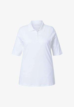Polo shirt blanc à manches courtes avec un col et une patte de boutonnage à cinq boutons, fabriqué en tissu coton lisse. Coupe classique et décontractée.