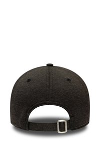 Black structured cap with a rounded crown, fabric texture, adjustable strap at the back, and two ventilation holes on the top.