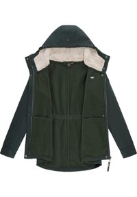 Temno zelena jakna z mehkim bež flisom, kapuco, zadrgo in štirimi sprednjimi žepi. Gladek zunanji material, prilagojen kroj.