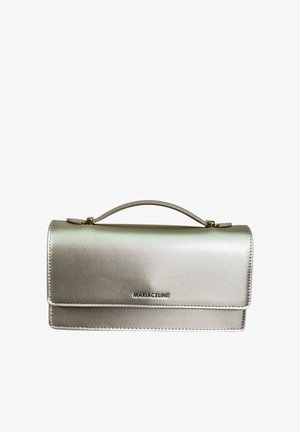 Borsa rettangolare metallizzata argento con manico superiore e logo "MARIACELINE" centrato sulla patta frontale.