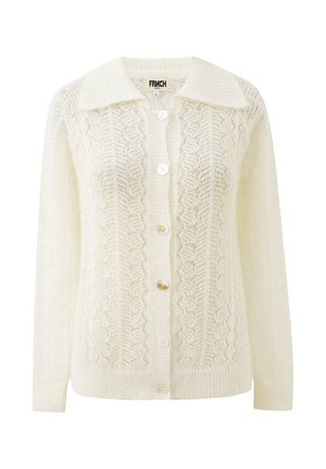 Gebreid vest in roomkleur met fijn kantpatroon, lange mouwen, brede kraag en zes knopen aan de voorkant.