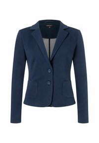 Navy blue blazer with a tailored fit, single-breasted front, two-button closure, and flap pockets. Textured fabric and notched lapels.