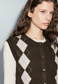 Young woman with long brown curly hair wears dark brown argyle-patterned buttoned vest over a white long-sleeve shirt, looking forward.