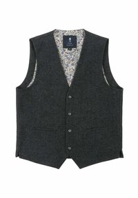 Dark grey vest made of textured fabric, featuring a floral printed lining, five buttons on the front, and two pockets.