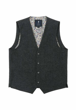Dark grey vest made of textured fabric, featuring a floral printed lining, five buttons on the front, and two pockets.