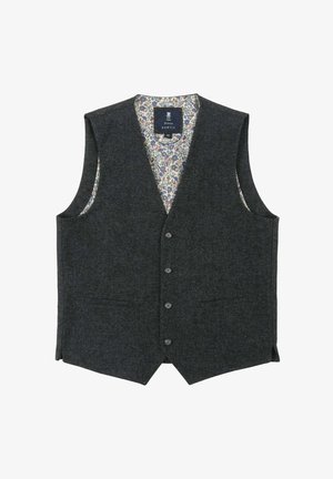 Dunkelgraue Weste aus strukturiertem Stoff, mit einem floral bedruckten Futter, fünf Knöpfen auf der Vorderseite und zwei Taschen.