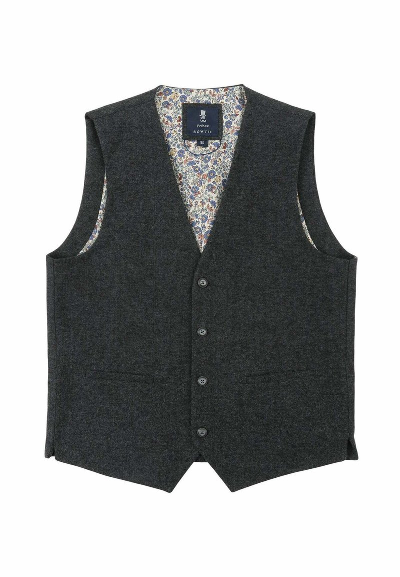 Dark grey vest made of textured fabric, featuring a floral printed lining, five buttons on the front, and two pockets.
