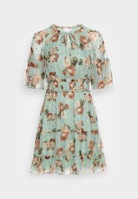 Florales kurzes Kleid in Hellblau, aus durchsichtigem Stoff mit gerafften Ärmeln, gesmoktem Taillenbund und goldenen Akzentlinien.