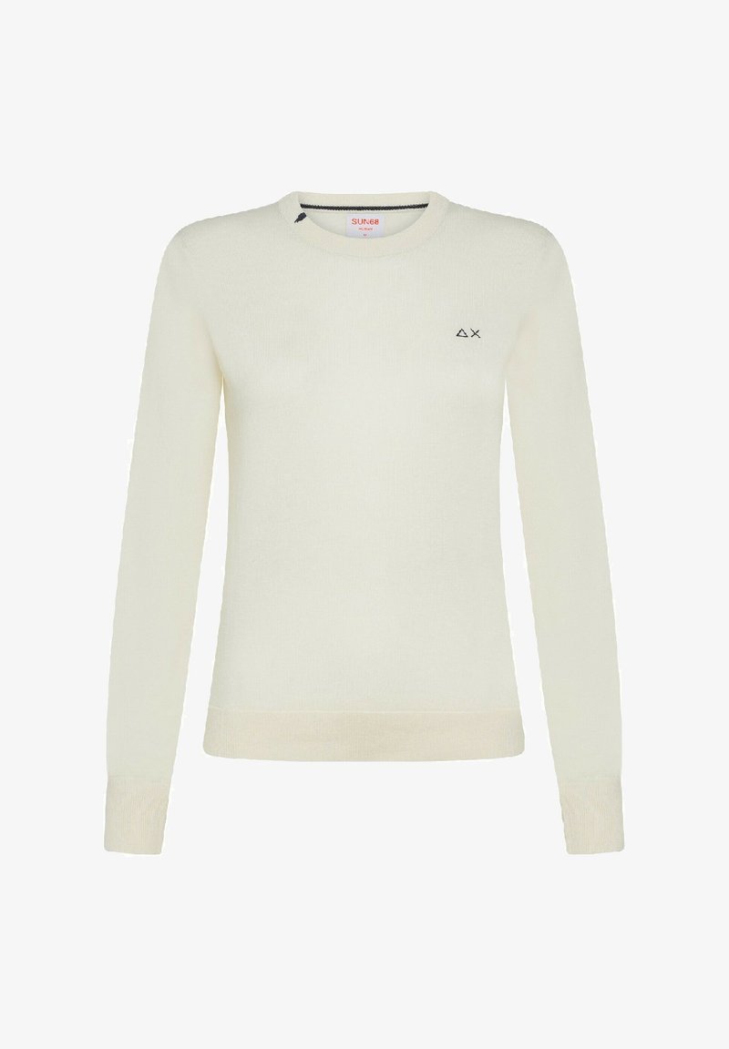 Maglione crema con maniche lunghe, scollo rotondo e orlo a costine. Presenta un piccolo logo nero sul petto. Tessuto morbido, design casual.