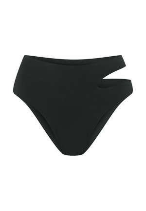 Czarny dół do kostiumu kąpielowego z wysokim stanem, z asymetrycznym wycięciem po jednej stronie. Gładka tekstura materiału, minimalistyczny styl.