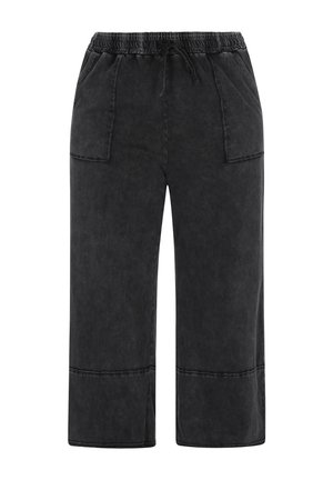 Schwarze, weit geschnittene Hosen aus weichem, strukturiertem Baumwollstoff mit einem elastischen Bund, ausgestattet mit zwei Fronttaschen und einem entspannten Schnitt.