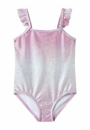 Costum de baie întreg roz iridescent cu material sclipitor și bretele cu volănașe, conceput pentru un copil.