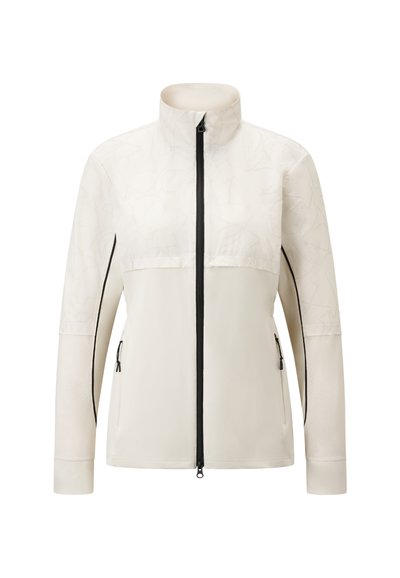 Helle beige Jacke mit hohem Kragen, Reißverschluss vorne und seitlichen Taschen. Sie verfügt über ein strukturiertes Muster im oberen Bereich und schwarze Akzente.