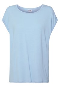 Jasnoniebieski, krótki rękaw, damska koszulka T-shirt z podwiniętymi mankietami i okrągłym dekoltem, oznaczona "AWARE" przez Vero Moda.