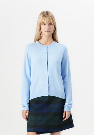 Light blue cardigan in soft knit, featuring a round neckline and buttons down the front. Paired with a dark green plaid skirt.