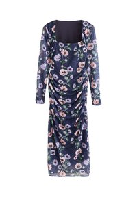 Ilgomis rankovėmis suknelė pagaminta iš tamsiai mėlynos medžiagos, puošta gėlių raštais rožinės, violetinės ir žalios spalvų. Suknelė turi kvadratinį iškirpimą ir surinktus detalių elementus.