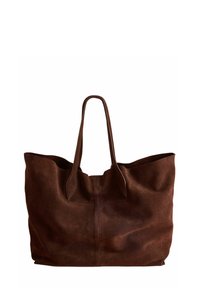 Brown suede tote bag with two long handles, open top, and a soft texture. Features a simple design and unstructured silhouette.