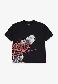 Schwarzes Baumwoll-T-Shirt mit einem Grafikdruck eines Basketballspielers, "NIKE" in fetter pinker Schrift und gelben Akzenten. Kurzarm, Rundhals.