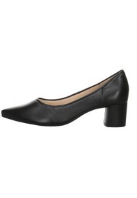 Black leather high-heeled pump with a pointed toe and a broad block heel. Smooth texture with a minimalistic design and no visible hardware.