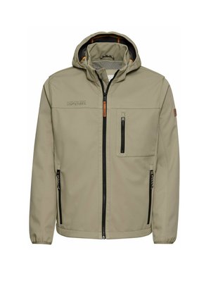 Hooded jack in lichtbeige stof, met ritszakken, contrasterende oranje accenten en een soepele, gestructureerde afwerking.