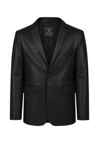 Blazer de cuero negro con un solo botón y solapas de muesca, dos bolsillos frontales con solapa y un bolsillo en el pecho, presentado sobre un fondo blanco.