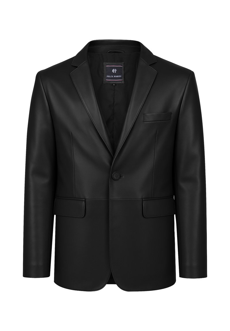 Blazer de cuero negro con un solo botón y solapas de muesca, dos bolsillos frontales con solapa y un bolsillo en el pecho, presentado sobre un fondo blanco.