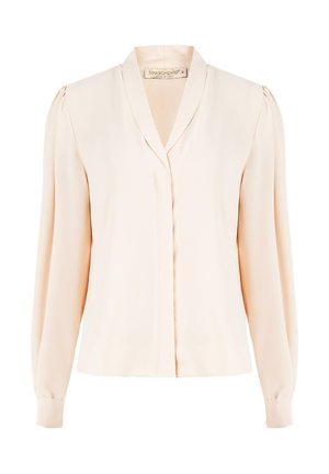 Blush-farbenes, langärmliges Blusenshirt mit V-Ausschnitt, weicher Textur, plissierten Schultern und einer Knopfleiste, aus leichtem Seidenstoff gefertigt.