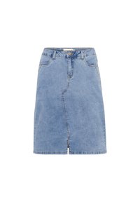 Džínová sukně světle modré barvy se rovný střih, obsahuje přední rozparek, pět kapes a zapínání na knoflík v pase.