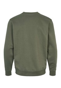 Hanorac cu mânecă lungă, guler rotund, de culoare verde măsliniu, văzut din spate, cu manșete și tiv striate, simplu, fără logo-uri sau modele.