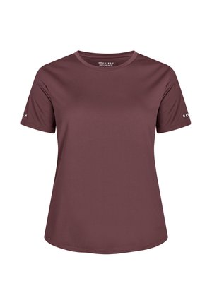 Bordeaux kortemouwen t-shirt gemaakt van zachte, rekbare stof. Ronde halslijn en logo-opdruk op de mouw. Soepele textuur en normale pasvorm.