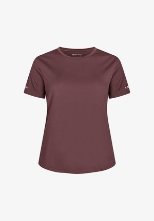 Burgundy short-sleeve t-shirt made of soft, stretchable fabric. Round neckline and logo detail on the sleeve. Smooth texture and regular fit.