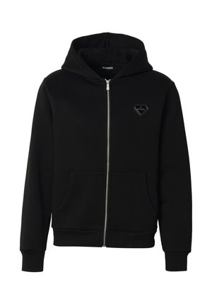 Schwarzer Kapuzenpullover mit durchgehendem Reißverschluss, Fronttaschen, gerippten Bündchen und Saum, Kapuze und kleinem Logo auf der linken Brust.