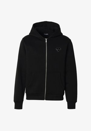 Schwarzer Kapuzenpullover mit durchgehendem Reißverschluss, Fronttaschen, gerippten Bündchen und Saum, Kapuze und kleinem Logo auf der linken Brust.
