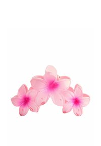 Pink floral hair accessory featuring three layered plastic flowers with a smooth texture and gradient pink accents.