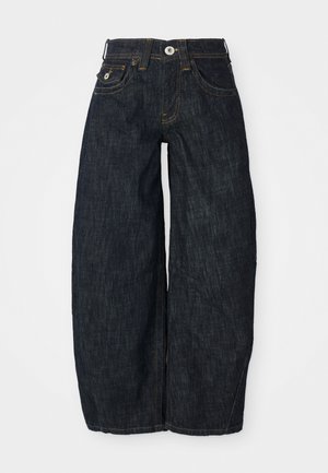 Mørkblå vid bukser laget av denim, med knappeåpning, frontlommer, og kontrastfarget oransje søm langs sømmene.