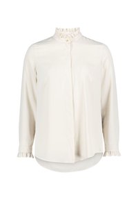 Crème blouse met een hoge gerimpelde kraag, knopen aan de voorkant en lange mouwen met gerimpelde manchetten; gemaakt van gladde stof met een rechte zoom.