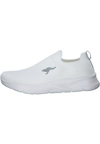 White slip-on athletic shoe featuring a knitted upper, textured surface, and a rear loop. Includes a subtle gray logo accent.