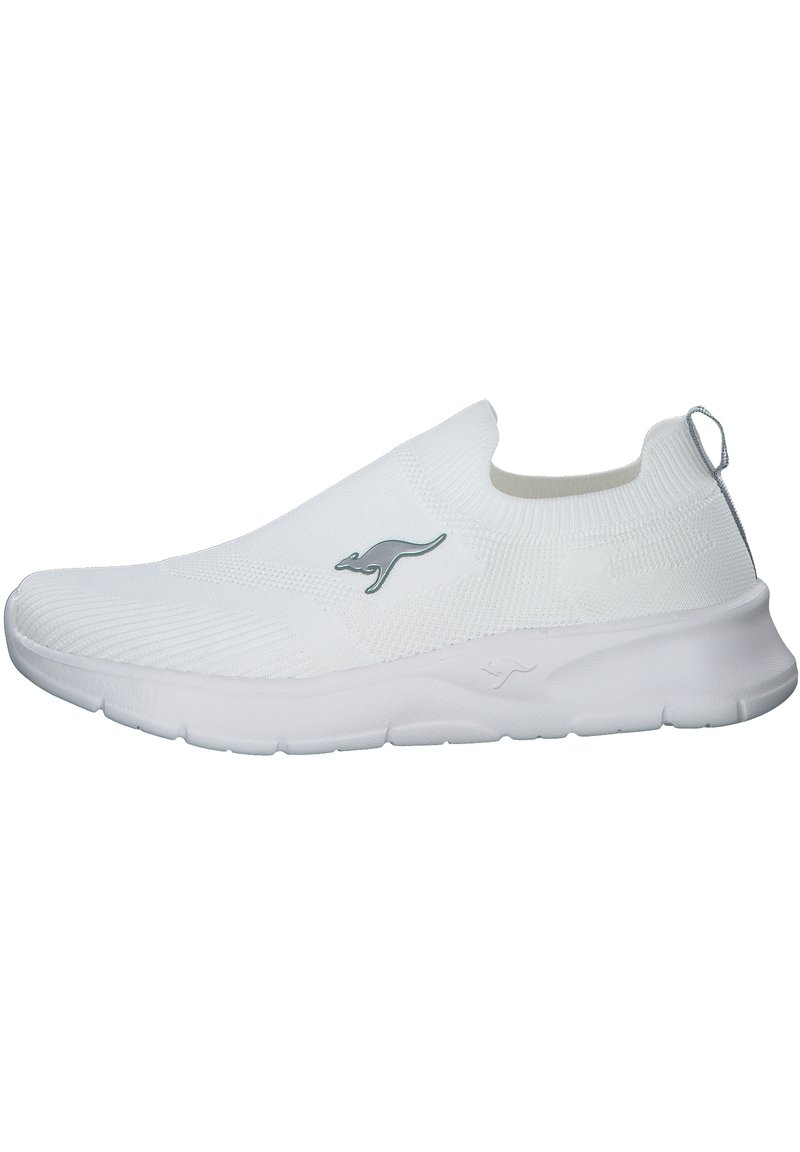 White slip-on athletic shoe featuring a knitted upper, textured surface, and a rear loop. Includes a subtle gray logo accent.