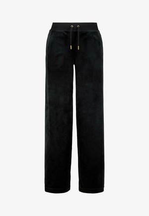 Zwarte velours sweatpants met wijde benen, een elastische tailleband en trekkers in goudkleur. Soepele textuur zonder zichtbare patronen.