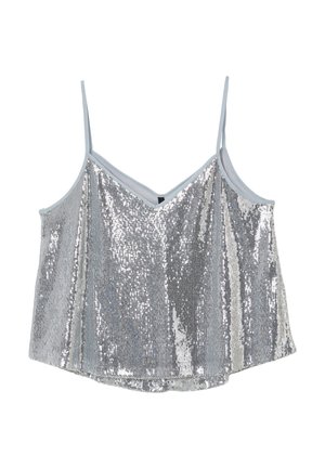 Top di paillettes argentate con spalline regolabili, scollo a V, design a strati e fodera interna liscia, caratterizzato da una finitura riflettente lucida.