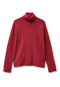 Roter Rollkragenpullover aus strukturiertem Strickstoff. Mit langen Ärmeln und einem gerippten Kragen und Saum. Glatte Oberfläche mit minimalen Nähten.