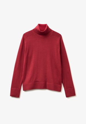 Rode coltrui gemaakt van textuur gebreide stof. Heeft lange mouwen en een ribgebreide kraag en zoom. Glad afwerking met minimale naden.