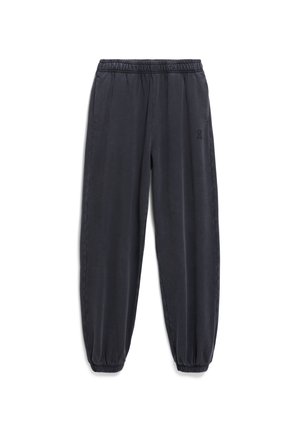 Pantalons de jogging tapered gris foncé avec une ceinture élastique, des poches latérales et des poignets élastiques ; tissu lisse avec un petit logo en accent.