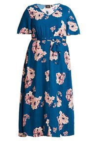 Blå blommig maxiklänning med korta ärmar, prydd med stora rosa och vita blommor, med en åtdragen midja och ett knytbälte för justerbar passform.