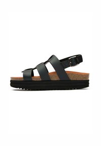 Black leather sandals featuring three wide straps, adjustable ankle buckle, cork midsole, and textured black rubber outsole.