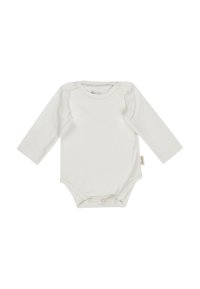 Weißer Baby-Body mit langen Ärmeln und Druckknöpfen an den Schultern und im Schritt, schlichtes Design, weicher Stoff.